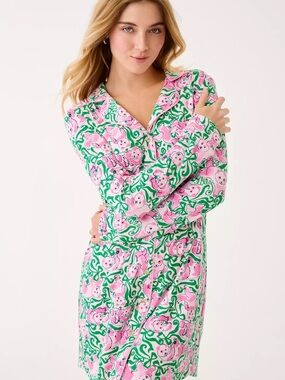 Lilly Pulitzer Brona Pajama Sleep Dress Panda and Bows Pink Quartz and Green
